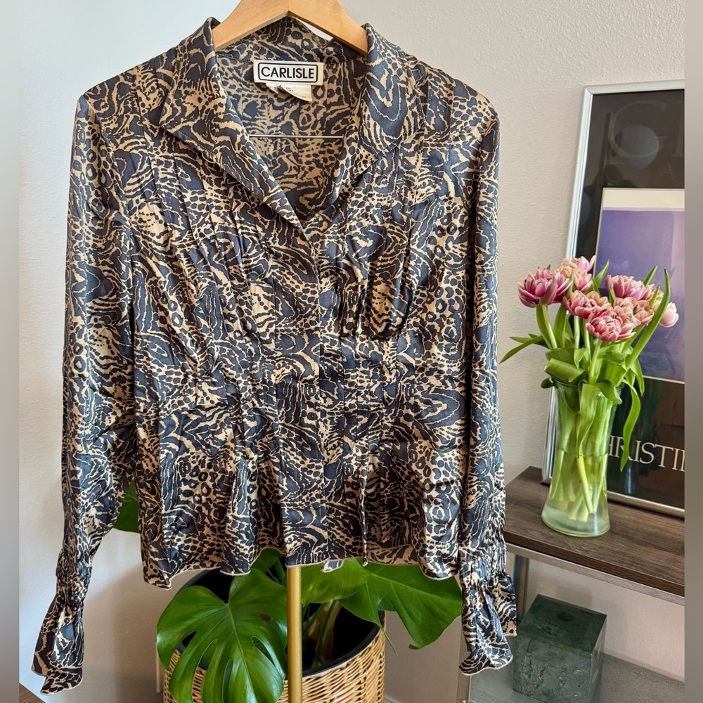 Carlisle Black and Tan Animal-Print Button Front Blouse